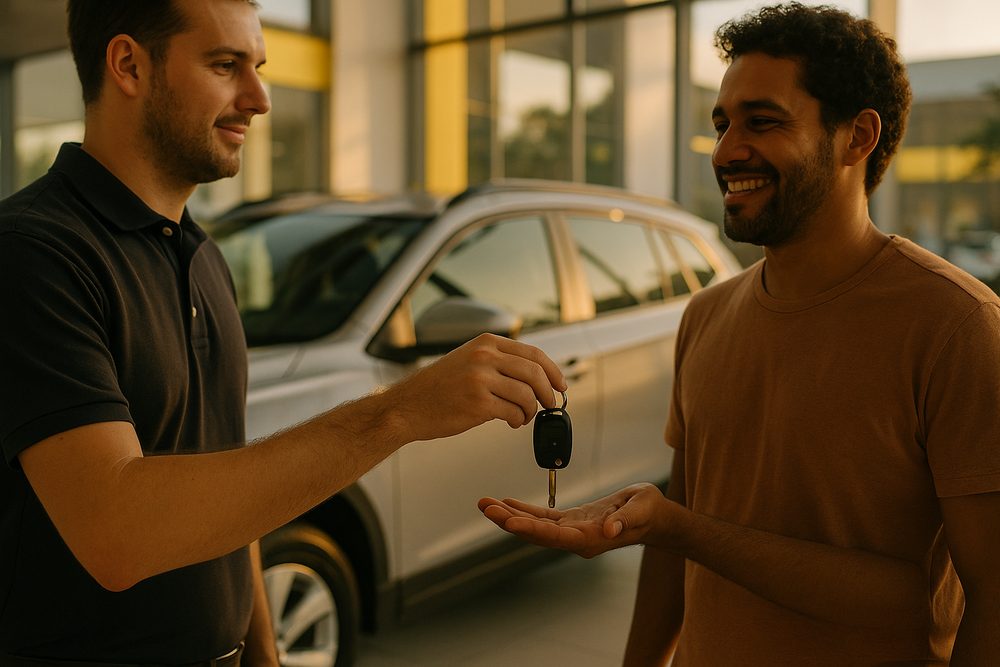 Vendedor de uma loja de seminovos entrega a chave do carro ao comprador, em frente ao veículo.