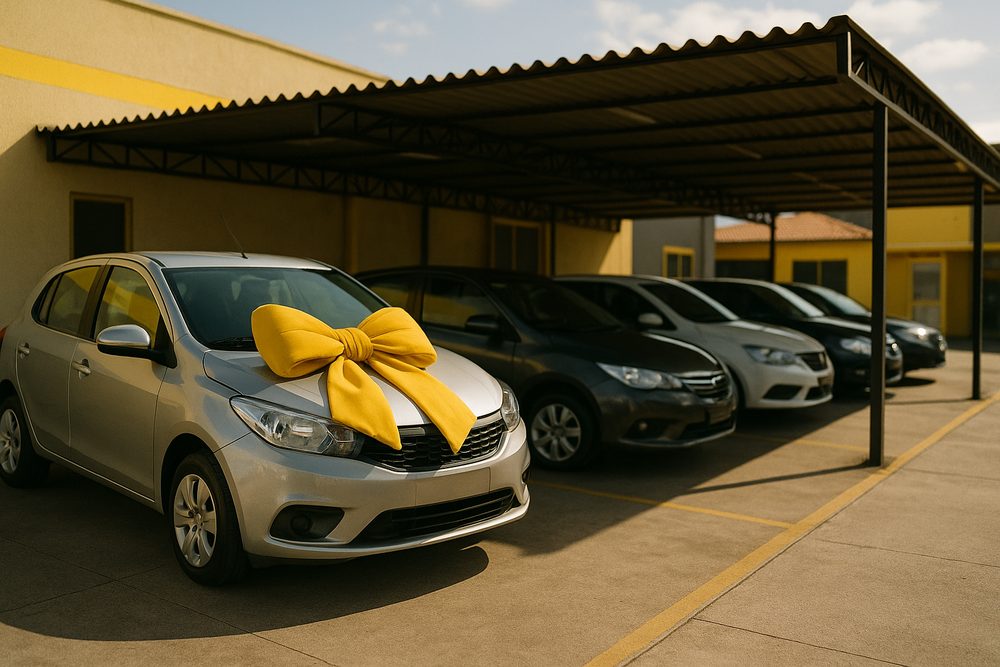 Pátio de uma loja de seminovos com um carro popular prata marcado com um laço amarelo de vendido.