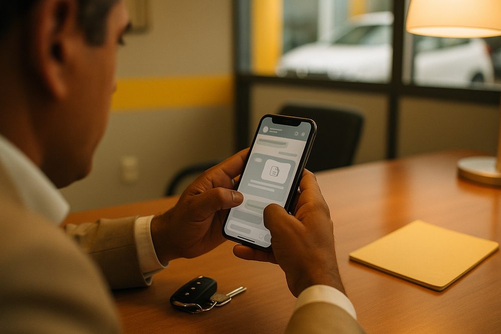 Lojista lê no celular a mensagem de WhatsApp com o recibo e o PIX da taxa de sucesso.